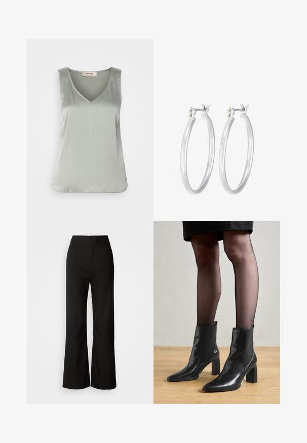 Svijetlozeleni top bez rukava od glatke, satenske tkanine. Dizajn s V-izrezom uz minimalne šavove i opušten kroj. Jednostavan i elegantan stil.; Črne široke hlače z gladko teksturo, visokim pasom in čistim dizajnom. Brez vidnih žepov ali okrasnih elementov.; Črne usnjene gležnjarje s koničastim nosom, masivnim kvadratnim petam in sleek oblikovanjem. Imajo elastične stranske panele za enostavno obuvanje.; Srebrni obroči za ušesa z gladko, polirano površino. Okrogla oblika in varna zaponka s klikom. Lahka zasnova, primerna za vsakodnevno nošenje.