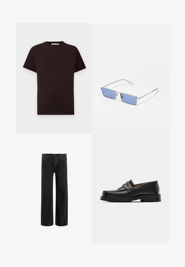 Must mustra t-särk, millel on ümmargune kaelus, lühikesed varrukad ja sirge äär. Sujuv tekstuur, iga päev kandmiseks mõeldud disain ning nähtavad logod ja mustrid puuduvad.; Mustadest denimist laiad püksid kõrge vöökoht, klassikalise viie taskuga disain ja õrn pleekinud välimus tekstuurilise ilme saavutamiseks.; Mustad mustad nahast kingad on varustatud tõstetud õmblusega, kahe dekoratiivse rihmaga peal, ja paksu tekstuuriga tallaga paremaks haardeks.; Metallist päikeseprillid, millel on ristkülikukujuline kuju, sinistesse toonides läätsed ja hõbedane raami. Omab nina patju ja õhukesi, sirgeid templivarre.