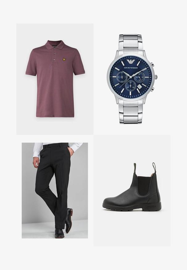 Lyle & Scott Pólóing - highland mauve; Fekete öltöny nadrág, testhezálló szabással, sima felülettel, egyenes lábszárral és övhurkokkal, fényes fekete öltönycipővel párosítva.; Fekete bőr Chelsea csizma rugalmas oldalsó panelekkel, húzófüllel, masszív gumitalppal és steppelt részletekkel. Simább textúra az egész felületen.; Emporio Armani Kronográf óra - silver-coloured