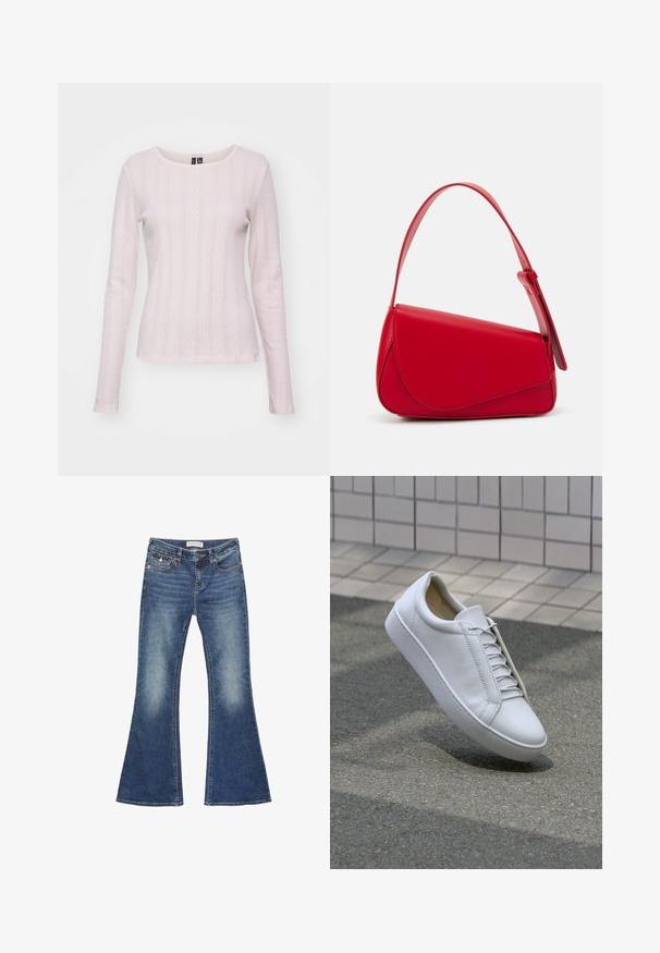 Svetlo roza dolg rokav s povšeno pletenino z vertikalnimi črtami in diamanti. Zaobljen ovratnik in prilegajoča silhueta.; Jeans z razširjenimi hlačnicami iz jeansa v srednji modri barvi z detajli zbledelosti. Imajo klasičen dizajn s petimi žepi, kontrastne šive in zaponko na gumb.; Bela usnjena teniska z okroglo konico, ravnim podplatom in šestimi pari lukenj za vezalke. Gladka tekstura in minimalističen dizajn s detajli šivanja.; Rdeča usnjena torba z angularnim, geometrijskim dizajnom. Ima en samostoječ nastavljiv ročaj in pokrov, zaprt z zapiranjem, ki je okrašen s šivi.