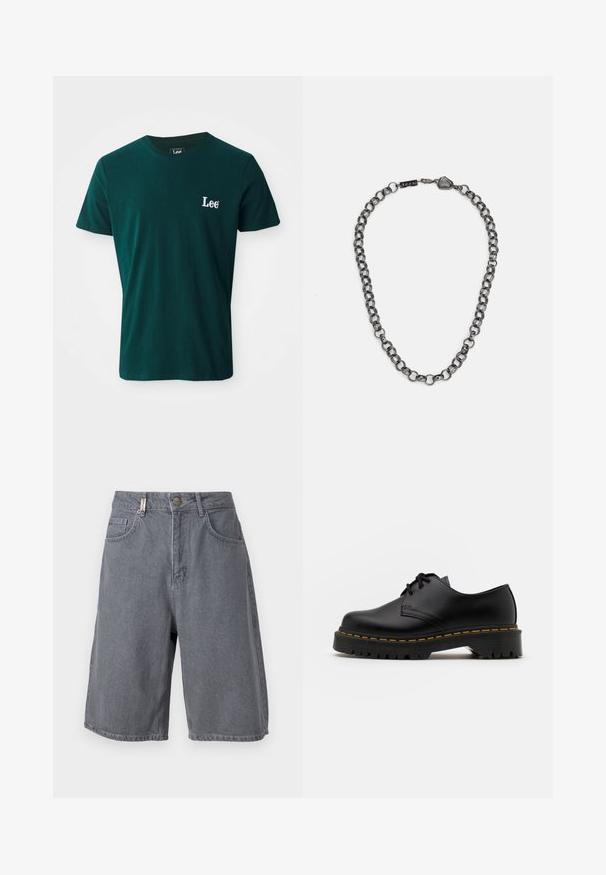 Tmavě zelené bavlněné tričko s kulatým výstřihem, krátkými rukávy a bílým vyšitým logem "Lee" na levé hrudi.; Šedé denové šortky s uvolněným střihem, s knoflíkovým zapínáním, pěti kapsami a mírně vybledlým textura. Klasický a univerzální design.; Černá kůže šněrovací boty s kulatou špičkou, texturovanou gumovou podrážkou a žlutým prošíváním kolem základny. Plný design a hladký povrch.; Kovový řetízek na krk s podlouhlými články v tmavé gunmetal barvě. Obsahuje geometrický akcent a zapínání s brandeovým detailem.