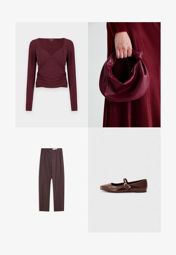 Burgundinpunainen pitkähihaisen paita, jossa on neliömäinen pääntie, rypytetyt sivut ja vartalonmyötäinen istuvuus pehmeästä, joustavasta kankaasta.; Violet raidojat, joissa on poimutuksia, korkea vyötärö ja suora lahje. Valmistettu sileästä, teksturoidusta kankaasta.; Kahvikuvioinen patentti-nahkainen balettipohja, jossa on neliskulmainen varvasosa ja nauha, jossa on pieni kultainen solki. Sujuva pinta, matala korko ja minimalistinen muotoilu.; Burgundy-nahkakäsilaukku, jossa on pehmeä, ryppyinen muotoilu ja pyöreä muoto. Kahva on kiinnitetty tukevasti, ja siinä on sileä pinta.