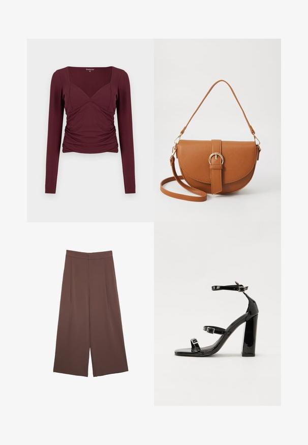 Bourgognefarvet langærmet top med firkantet halsudskæring, rynkede sider og en tætsiddende pasform i blødt, elastisk stof.; Brune bredbunde bukser med en glat tekstur, der har høj talje og plisseringer foran. Stoffet er let og falder løst.; Sorte patenterede hælsandaler med firkantet tå, ankelremme og sølvspænder. Har en chunky blokHæl for stabilitet.; Brun læder crossbody taske med en buet form, guldfarvet hardware og en spændeaccent. Har en aftagelig skulderrem.