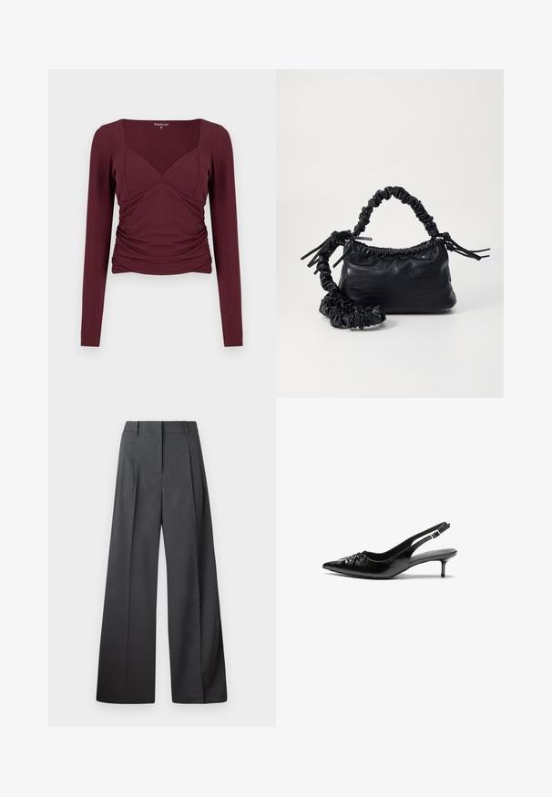 Haut bordeaux à manches longues avec un décolleté carré, des côtés froncés et une coupe moulante en tissu doux et extensible.; Pantalons à jambes larges en tissu gris foncé, avec une taille haute, des plis simples et une texture lisse avec une finition soignée aux ourlets.; Des escarpins en cuir noir à talon slingback, avec un bout pointu, un petit talon kitten et un détail de nœud décoratif à l'avant. Texture lisse sur toute la surface.; Sac à main en simili cuir noir avec une texture crocodile, un dessus resserré et une sangle froncée. A l'apparence douce et compacte.