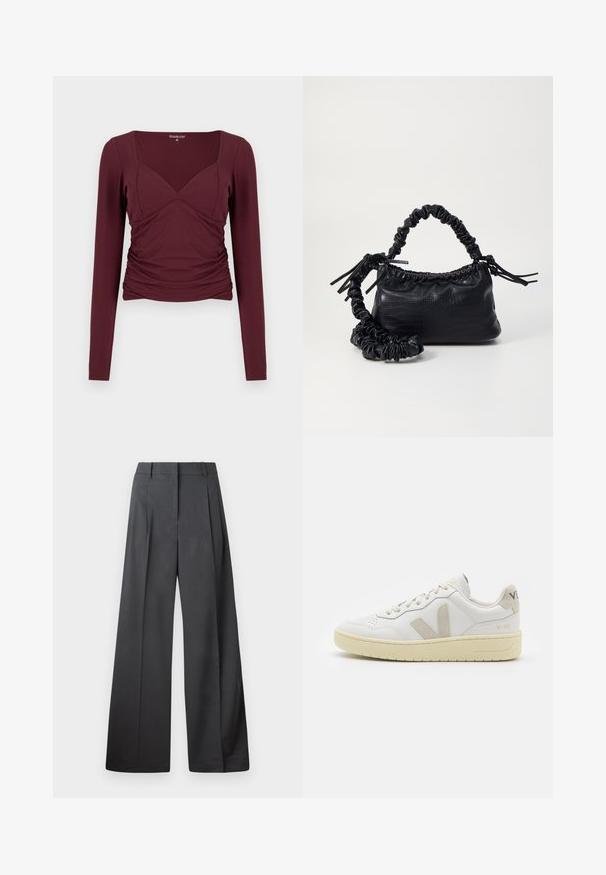 Top bordeaux a maniche lunghe con scollo quadrato, lati arricciati e design aderente in tessuto morbido ed elasticizzato.; Pantaloni a gamba larga in tessuto grigio scuro, con vita alta, pieghe singole e una texture liscia con una finitura pulita sui orli.; Sneaker in pelle bianca con dettagli in suede beige, punta perforata, lacci piatti e suola testurizzata color crema. Presenta un logo discreto sul tallone.; Borsa a tracolla in ecopelle nera con texture a coccodrillo, apertura cinchata e tracolla arricciata. Si presenta con un design morbido e compatto.