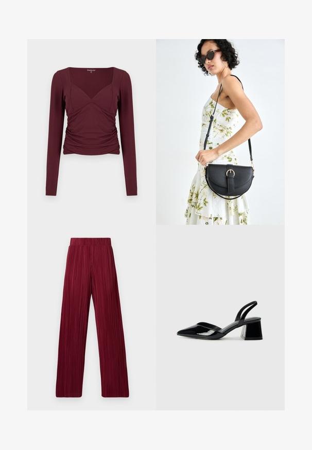 Bordeauxrotes Langarmshirt mit quadratischem Ausschnitt, gerafften Seiten und figurbetontem Design aus weichem, dehnbarem Stoff.; Bordeauxfarbene, plissierte, weite Hosen mit elastischem Bund. Der strukturierte Stoff weist vertikale Streifen auf. Gerader Schnitt bis zum Saum.; Schwarze Lackleder-Slingback-High Heels mit spitzem Schuh und einem geometrischen Blockabsatz. Verfügt über ein schlankes, minimalistisches Design und eine glatte Textur.; Schwarze Lederhandtasche mit geschwungener Form, abnehmbarem Tragegurt und goldenen Beschlägen. Die Tasche verfügt über einen Deckel mit einer Schnallen-Details.