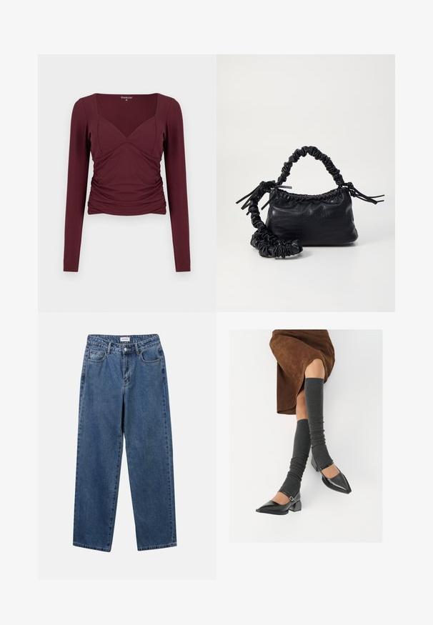 Haut bordeaux à manches longues avec un décolleté carré, des côtés froncés et une coupe moulante en tissu doux et extensible.; Jean en denim bleu classique avec une coupe droite, cinq poches et une fermeture par bouton. Présente un lavage moyen et une texture robuste.; Chaussures à bout pointu en cuir verni noir avec un talon bloc et une bride à la cheville, accompagnées de jambières en maille grise et d'une jupe en daim marron.; Sac à main en simili cuir noir avec une texture crocodile, un dessus resserré et une sangle froncée. A l'apparence douce et compacte.