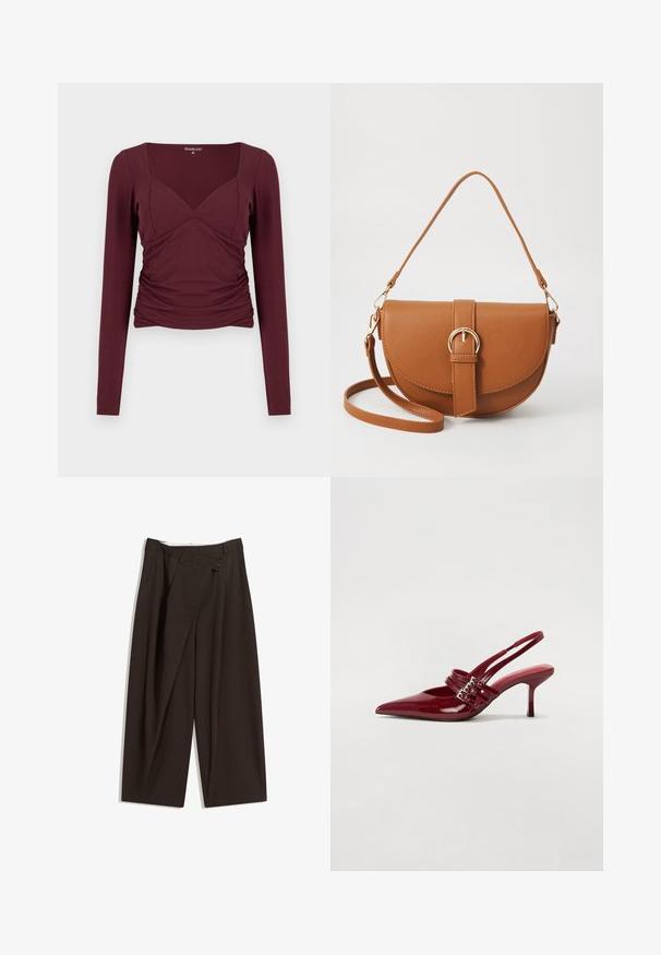 Vínový top s dlouhým rukávem, čtvercovým výstřihem, nařasenými boky a přiléhavým střihem z měkké pružné látky.; Tmavě hnědé široké kalhoty s vysokým pasem, vybavené jedním tlačítkem na zapínání a plisovaným předním dílem. Vyrobené z lehkého materiálu.; Červené lakované kožené lodičky na podpatku s špičatou špičkou, dvěma přezkami a štíhlým, středně vysokým jehlovým podpatkem. Hladký povrch.; Hnědá kožená křížová taška s zakřiveným tvarem, zlatými detaily a akcentem s přezkou. Obsahuje odnímatelný popruh na rameno.