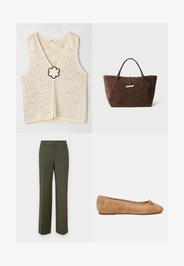 sandro HAUT - Top - ecru; Olivovo zelené klasické nohavice vyrobené z textúrovaného látky. Majú rovný strih s plochým predným dielom a bez viditeľných ozdôb.; Béžové semišové balerínky s mierne špicatou špičkou, mašľou na prednej časti a malým kovovým logom na päte. Plochá podrážka.; Hnedá semišová taška cez rameno s dvoma mäkkými ušami, vertikálnym pásom so strieborným akcentom a širokým otvoreným vrchom. Hladká textura, minimalistický dizajn.