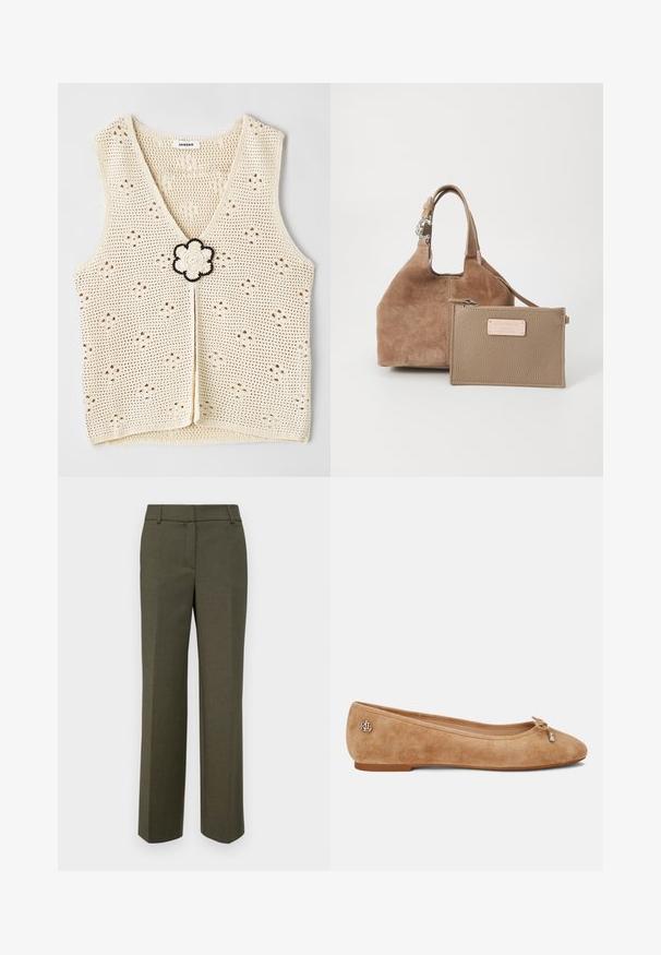 sandro HAUT - Top - ecru; Maslinaste zelene krojene hlače od teksturirane tkanine. Imaju ravne nogavice s ravnim prednjim dijelom i bez vidljivih ukrasa.; Bež suède baletanke s blagim šiljastim vrhom, akcentom u obliku mašnice na prednjem dijelu i malim metalnim logotipom na peti. Ravni potplat.; Smeđi nubuk torbica sa zaobljenim oblikom i kratkom ručkom. Ima uklonjivu svijetlosmeđu kožnu torbicu s patentnim zatvaračem i logotipom.