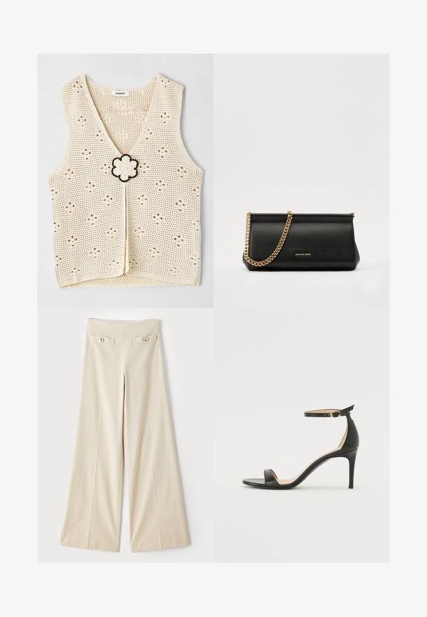 sandro HAUT - Toppi - ecru; Beige levelet lahkeet, jotka ovat korkealla vyötäröllä, kaksi koristeellista etutaskua ja kultasävyiset napit kummallakin puolella. Sujuva kankaan tekstuuri.; Musta nahkainen korkokenkä nilkkahihnalla. Sen pinta on sileä, avotoppi ja ohut korko. Kultasävyinen solk yksityiskohtana.; Musta nahkainen clutch-laukku, jossa on kultaketju, sileä pinta, suorakulmainen muoto ja kohokuvioitu brändimerkintä edessä.