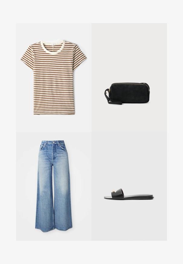 T-shirt rayé avec des rayures horizontales marron et blanches, manches courtes et un col rond crème en tissu doux et texturé.; Jean large en denim bleu clair, avec une taille haute, un design à cinq poches, un lavage dégradé et un ourlet effiloché.; Sandales noires à glissière avec un large dessus, texture en cuir lisse, design à bout ouvert et détail doré sur la sangle. Semelle plate.; Pochette en daim noir avec une fermeture éclair et une bandoulière amovible. Dotée de quincaillerie dorée et d'une texture lisse et mate.