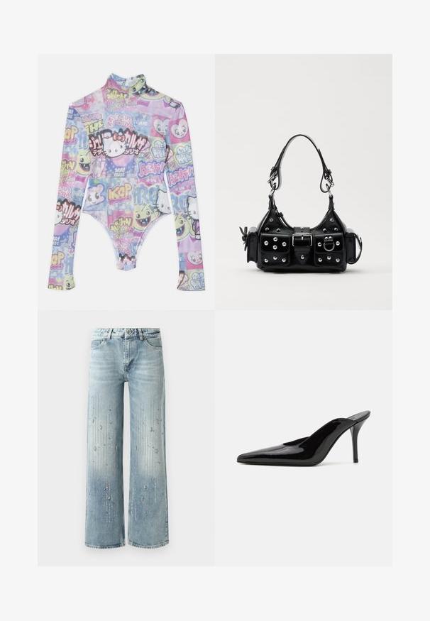 GCDS HELLO KITTY - Majica z dolgimi rokavi - mix; Svetlo modri široki jeans narejeni iz denima, z gradientnim barvnim učinkom in okrasitvami iz srebrnih rhinestones v vertikalnem vzorcu.; Črne patentirane čevlje s peto, z usko silhueto in koničastim nosom, z odprtim hrbtom in vitko stiletto peto.; Črna usnjena torbica s ukrivljenim dizajnom, ki vsebuje srebrne žebljičke, zaponko in dve stranski žepki. Nastavljiv trak za različne možnosti nošenja.