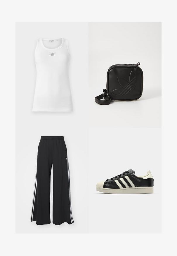 Weißes Tanktop aus geripptem Stoff mit rundem Ausschnitt und einem rechteckigen Etikett mit "JOOP! JEANS" auf der Vorderseite.; Schwarze weite Sweatpants mit elastischem Bund, versehen mit weißen Seitestreifen und einem gestickten Logo auf dem linken Oberschenkel.; Schwarze Ledersneaker mit weißen Streifen, Gummikappe, schwarzen Schnürsenkeln und einer cremefarbenen Sohle. Glatte Textur mit glänzender Oberfläche.; Schwarze Umhängetasche aus strukturiertem synthetischem Material. Verfügt über ein eingeprägtes Logodesign und einen verstellbaren Riemen. Mit Reißverschluss geschlossen.