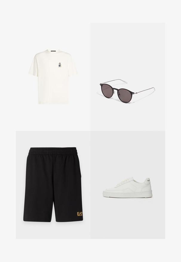 Valge puuvillane T-särk, mille vasakul rinnal on väike värviline joonistus tegelasest. Ümara kaelusega ja lühikeste varrukatega.; Mustad mustad lühikesed püksid, mis on valmistatud pehmest kangast. Omavad elastset vöökohta ja väikest kollast EA7 logo vasakul jalal.; Valge nahast tennis, millel on sile põhi, ümar varvas, lamedad nöörid ja tekstuuriline tall. Sisaldab diskreetset logo kontsaribal.; Mustad mustad prillid tumedate läätsedega ja õhukeste metallist käepidemetega. Kaarja kujuga seljaosa ja hõbedased aktsendid hingel. Minimalistlik disain.