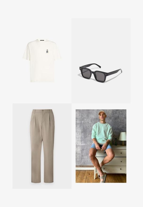 Baltos medvilninės marškinėliai, kuriuose kairėje krūtinės pusėje yra mažas spalvotas piešinys su personažu. Apskritas kaklo iškirpimas ir trumpomis rankovėmis.; Chaki kelnes su tiesia kojų forma, su mygtuko uždarymu ir raukiniais priekyje. Pagamintos iš sklandaus audinio su matinio paviršiaus apdaila.; Mėtų žaliai megztinis, džinsiniai šortai ir alyvuogių žalios spalvos šlepetės. Sėdi ant šviesaus komodos priešais tekstūruotą pilką sieną.; Juodos stačiakampės saulės akinių su tamsiais lęšiais, turinčiais storą rėmelį, subtilias detales šonuose ir be matomų logotipų, išskyrus prekės pavadinimą.; Beige audinio krepšys su dviem rankenomis, su dideliu tamsiai rudos spalvos logotipo tekstu "THE NORTH FACE" ir pusapvaliu dizaino elementu.; Sidabrinis nerūdijančio plieno laikrodis su juodu ciferblatu, pažymėtais valandų indikatoriais, datos rodymu ir atsparumu vandeniui iki 50 metrų.