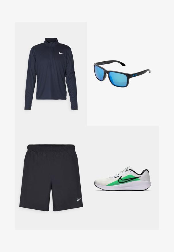 Nike Performance PACER TOP - Langærmet T-shirt - obsidian/silver; Sorte atletiske shorts lavet af letvægtsmateriale med en elastisk talje. Har et lille hvidt Nike-logo i nederste venstre hjørne.; Hvide sportssko med grøn accent, sort logo, netoverdel, polstret sål og rund hæl. Har snørebånd og kontrastdetaljer.; Stilfulde sorte solbriller med blå spejlglas, firkantede stel og blå detaljer på templet. Fremstillet af letvægts plastmateriale.