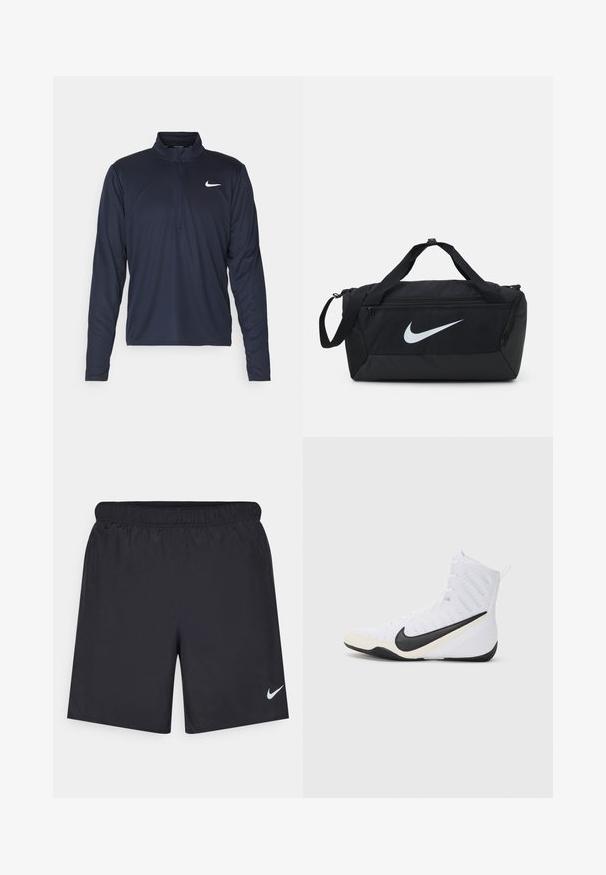 Nike Performance PACER TOP - Pitkähihainen paita - obsidian/silver; Mustat urheilushortsit, jotka on valmistettu kevyestä materiaalista ja joissa on joustava vyötärö. Alareunassa vasemmalla puolella on pieni valkoinen Nike-logo.; Kengät Nike urheiluvalkoiset mustalla swoosh-logolla. Ominaisuuksiin kuuluvat korkeampi malli, teksturoitu pinta ja kestävä kumipohja.; Musta kassi suure valge Nike logo avec, valmistatud vastupidavast kangast, kahe käepideme ja reguleeritava õlarihmaga.