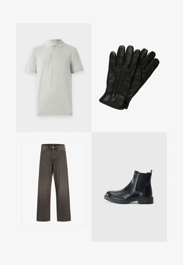 Grå polo t-shirt gjord av mjuk bomull. Har en klassisk krage, placket med tre knappar och korta ärmar. Slät textur utan mönster.; Breda jeans i mörkgrå denim, med hög midja, klassisk femficksdesign och kontrasterande sömmar längs sömmarna.; Svarta läder Chelsea boots med elastiska sidopaneler, rund tå och gummisula med bra grepp. Minimalistisk design med dragtab.; Svarta läderhandskar med en slät текстur, fem fingrar och subtila sömnads detaljer. Klassisk design, lämplig för användning i kallt väder.