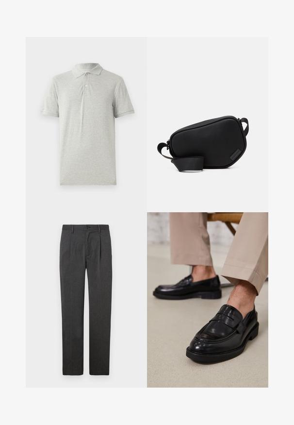 Graues Polohemd aus weichem Baumwollstoff. Mit klassischem Kragen, Knopfleiste mit drei Knöpfen und kurzen Ärmeln. Glatte Textur ohne Muster.; Graue maßgeschneiderte Hose mit geradem Bein, ausgestattet mit einer Bügelfalte, Reißverschluss und Knopfverschluss. Glatte Textur, klassisches Design.; Schwarze Lederloafers mit glatter Oberfläche, ausgestattet mit einem dekorativen Riemen und Kontrastnähten, kombiniert mit beigen Hosen.; Schwarze, mit Reißverschluss ausgestattete Umhängetasche aus glattem Material, mit flacher Form, einem einzelnen Riemen und einem kleinen Logo-Detail. Minimalistisches Design.
