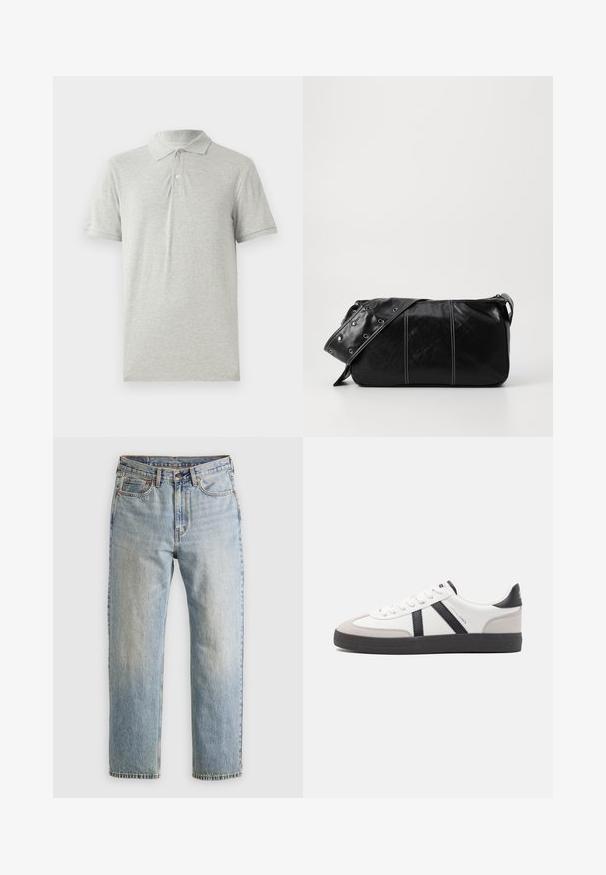 Grijze poloshirt van zacht katoen. Voorzien van een klassieke kraag, een drie-knops sluiting en korte mouwen. Glad oppervlak zonder patronen.; Lichtblauwe denim jeans met hoge taille, frontknop, rits en vijfzakkenontwerp, plat gelegd op een neutrale achtergrond.; Witte sneaker met zwarte en grijze accenten, voorzien van een grijze neus met textuur, zwarte rubberen zool en platte witte veters. Schoon ontwerp, minimalistische stijl.; Zwarte leren schoudertas met een ritsluiting, voorzien van een gestructureerd lichaam, witte stiksels en een band met zilveren oogjes.