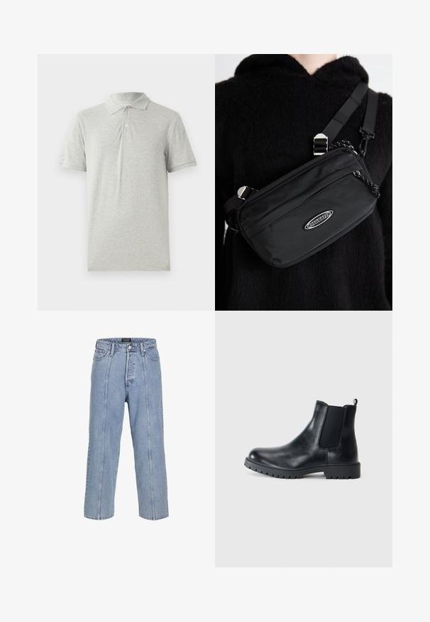 Polo gris en coton doux. Il présente un col classique, une patte de boutonnage à trois boutons et des manches courtes. Texture lisse sans motifs.; Jean en denim bleu clair avec une coupe ample, des jambes larges et des détails de couture visibles. Il dispose d'une fermeture à bouton et zip, ainsi que de cinq poches.; Des bottes Chelsea en cuir noir avec des panneaux latéraux élastiques, un bout arrondi et une semelle en caoutchouc à traction. Design minimaliste avec une languette de tirage.; Sac bandoulière noir en nylon avec une bandoulière ajustable, doté d'une texture lisse, d'une poche à fermeture éclair à l'avant et d'un accent de logo.