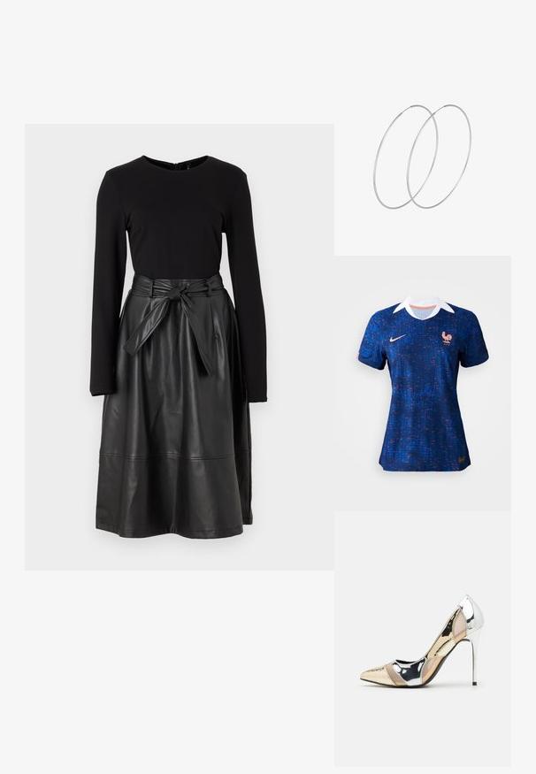 Modrá fotbalová dres s texturovaným designem, který obsahuje bílý límec, logo Nike a emblém kohouta francouzské národní reprezentace.; Černý dlouhý rukáv top doplněný černou sukní z umělé kůže s uvázaným páskem a hladkým, lesklým povrchem.; Lodička s špičatou špičkou a kombinací stříbrné, zlaté a tělové barvy. Lesklý povrch s vykrojeným designem, s jehlovým podpatkem.; Stříbrná kovová taška s měkkým, zaobleným tvarem a uzávěrem s uzlem. Vyrobena z hladké umělé kůže.; Stříbrné kruhové náušnice s minimalistickým designem. Kruh, hladký povrch a tenký profil. Lehká konstrukce s lesklým povrchem.