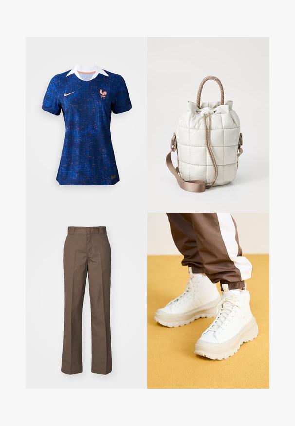 Kék focimez texturált mintázattal, fehér gallérral, Nike logóval és a francia nemzeti csapat kakas emblémájával.; Barna pamut nadrág egyenes szárú dizájnnal, lapos elülső résszel és övhurkokkal. Sima textúra, látható minták vagy díszítések nélkül.; Fehér, magasszárú sportcipők, vastag, texturált talppal, sima bőr felsőrésszel, kerek orral és azonos színű fűzőkkel, sárga háttér előtt.; Bézs színű, steppelt táska húzott tetejével, fonott fogantyúval és levehető pánttal. Simább textúra, lágy fényességgel.