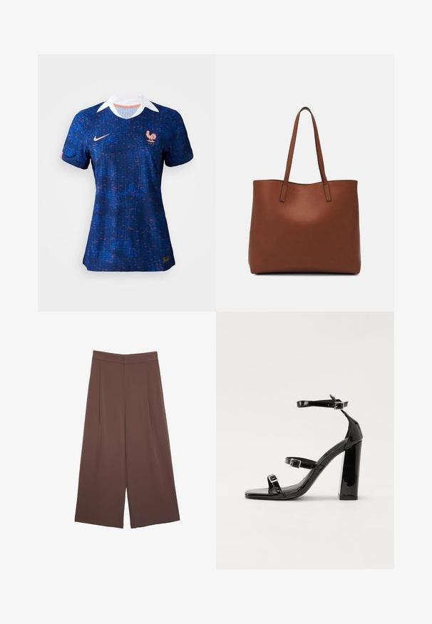 Modrá futbalová dres s textúrovaným dizajnom, s bielym golierom, logom Nike a erbom kohúta francúzskeho národného tímu.; Hnedé nohavice so širokými nohavicami a hladkou textúrou, s vysokým pásom a prednými skladmi. Tkanina je ľahká a voľne sa pohybuje.; Čierne lakované sandále na podpätku so štvorcovou špičkou, navlečenými remienkami okolo členku a striebornými prackami. Disponujú masívnym blokovým podpätkom pre stabilitu.; Hnedá kožená taška na rameno s hladkou textúrou, otvoreným vrchom a dvoma ramenými popruhmi. Má minimálne šitia a žiadne viditeľné kovania.