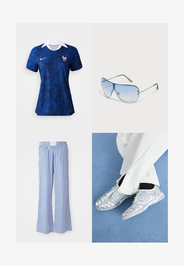 Kék focimez texturált mintázattal, fehér gallérral, Nike logóval és a francia nemzeti csapat kakas emblémájával.; Kék és fehér csíkos, laza fazonú nadrág, könnyű anyagból készült, rugalmas derékpánttal és diszkrét logócímkével.; Ezüst sportcipők sima, fényes felülettel, varrott mintázattal és a 90-es számmal az oldalán, fehér nadrággal párosítva.; Pilóta napszemüveg, melynek áttetsző kék lencséje, ezüst fém kerete és díszes csillag díszítések találhatók a lencsén. Simogató és elegáns dizájn.