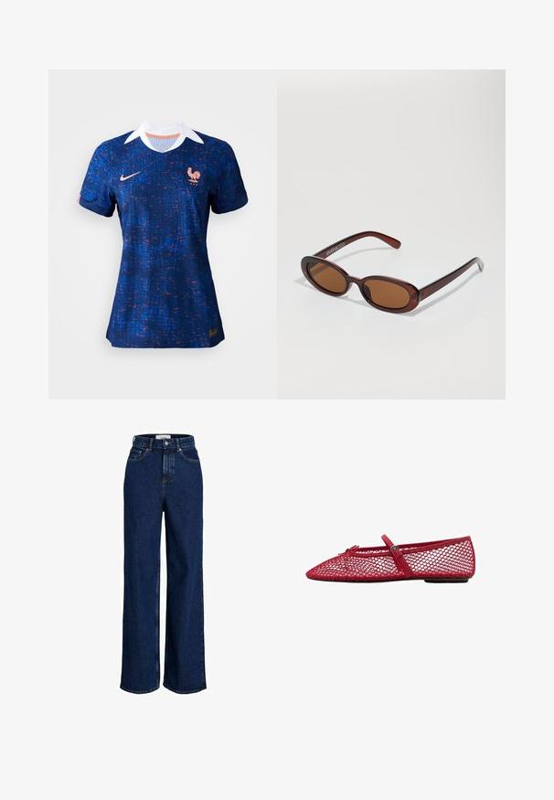 Tricou de fotbal albastru cu un design texturat, având o guler alb, logo-ul Nike și emblema cocoșului naționalei Franței.; Jeans din denim de culoare albastră închisă, cu talie înaltă, picioare largi, sistem de închidere cu un buton în față și design cu cinci buzunare.; Balerini roșii din plasă cu vârful ascuțit, prezentând o curea subțire și un detaliu cu cataramă. Partea superioară are un model deschis, în formă de fagure.; Ochelari de soare rotunzi, cu nuanțe de brown și cu un cadru lucios de burgund. Brațe subțiri cu detalii subtile de branding. Design cu lentile plate.