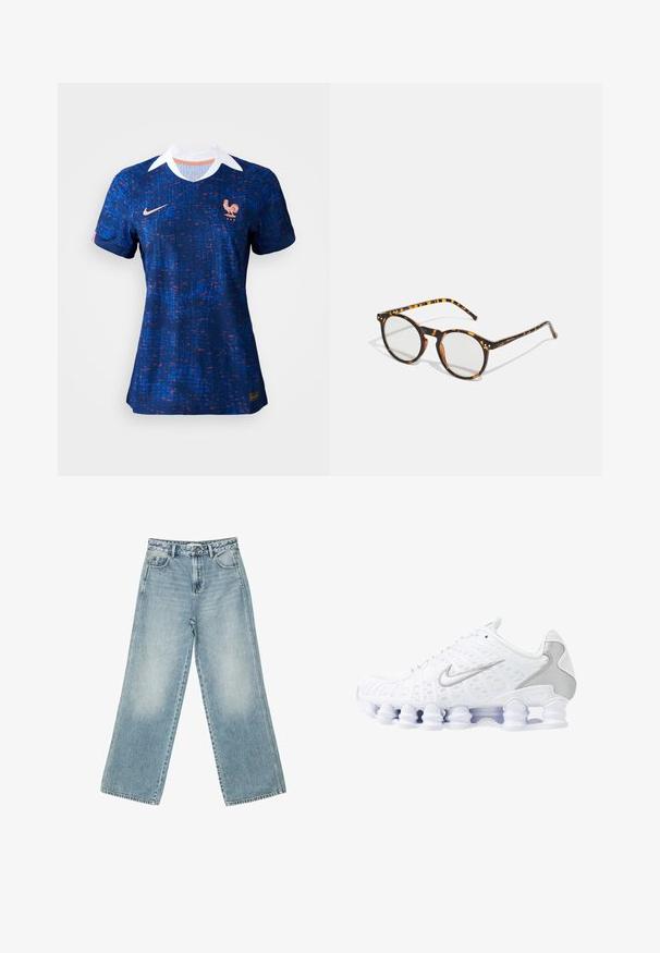 Niebieska koszulka piłkarska z teksturowanym wzorem, z białym kołnierzykiem, logo Nike i herbem koguta reprezentacji Francji.; Jasnoniebieskie jeansy o szerokich nogawkach wykonane z denimu, z wysokim stanem, pięcioma kieszeniami oraz delikatnym wyblaskiem wzdłuż nóg.; Białe buty sportowe z siateczkową cholewką, srebrnymi akcentami i unikalnym designem podeszwy w postaci cewki. Posiadają wyściełany kołnierz oraz zapięcie na sznurowadła dla lepszego dopasowania.; Okrągłe okulary przeciwsłoneczne w wzór żółwia z przezroczystymi soczewkami. Posiadają grubą, lekką oprawkę oraz smukłe zauszniki.; Srebrny naszyjnik w kształcie łańcuszka z naprzemiennymi linkami w kształcie koniczynki z otwartymi środkami, gładką fakturą i delikatnym wzornictwem.