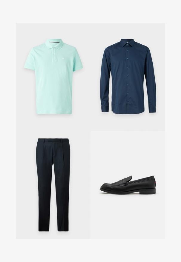 Šviesiai mėtinės spalvos polo marškiniai, pagaminti iš minkštos medvilnės, su klasikinio tipo apykakle, dviem mygtukais ir mažuoju logotipu kairėje krūtinės pusėje.; Tamsiai mėlynas, ilgomis rankovėmis, marškiniai su mygtukais, pagaminti iš lygios medžiagos. Yra standartinė apykaklė, priekinė mygtukų juosta su atitinkamais mygtukais ir rankogalių dizainas.; Juodi pritaikyti kelniai, pagaminti iš lygaus Audinio, su lieknu siluetu, dviem priekiniais klostėmis ir plokščiu liemeniu be matomų detalių.; Juodos odinės loafers' tipo bateliai su lygia apdaila, apvalia nosimi ir maža dekoratyvine kišenėle. Turi žemą sukrauto kulno ir subtilų prekės ženklo detalę.