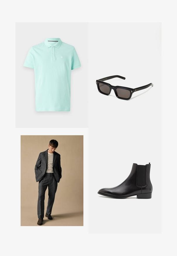 Hellgrünes Polohemd aus weicher Baumwolle, mit klassischem Kragen, zwei-Knopf-Leiste und kleinem Logo auf der linken Brust.; Grauer maßgeschneiderter Anzug mit Schalkragen und Fronttaschen, kombiniert mit einem gestreiften Hemd. Die Hose hat eine lockere Passform und Faltendetails. Braune Schuhe.; ALDO BERT - Stiefelette - black; Schwarze rechteckige Sonnenbrille mit dunklen Gläsern, dickem Kunststoffrahmen, goldenen Akzenten an den Bügeln und eingraviertem Markenlogo am Arm.