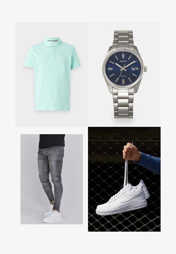 Lys mintgrøn polo t-shirt lavet af blød bomuld, med en klassisk krave, to-knap lukning og et lille logo på venstre bryst.; Slank jeans i falmet grå denim med slidte detaljer ved knæene, parret med hvide sneakers. Glat tekstur, slim fit design.; Hvide lædersneakers med perforeringer, rund tå, flad sål og tykke snørebånd, med et synligt swoosh-logo og "AIR" på hælen.; Sølv rustfrit stål urrem med en marineblå urskive, metallic timemarkører og et datovindue kl. 3. Vandafvisende op til 50 meter.