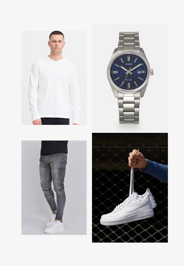 Maglietta henley bianca a maniche lunghe realizzata in tessuto morbido con scollo a V e patta con tre bottoni. Design semplice e testurizzato con una vestibilità comoda.; Jeans skinny in denim grigio sbiadito, con dettagli strappati sulle ginocchia, abbinati a sneakers bianche. Texture liscia, design slim fit.; Sneakers in pelle bianca con perforazioni, punta rotonda, suola piatta e lacci spessi, con logo swoosh visibile e "AIR" sul tallone.; Orologio da polso in acciaio inossidabile argento con quadrante blu navy, indici metallici e finestra della data alle 3. Resistente all'acqua fino a 50 metri.