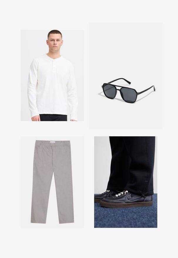 Pitkähihainen, valkoinen henley-paita, joka on valmistettu pehmeästä kankaasta ja jossa on V-pääntie sekä kolmonen napitus etuosassa. Yksinkertainen, teksturoitu muotoilu ja rento istuvuus.; Vaaleanharmaat puuvillahousut, joissa on joustava vyötärö, kaksi sivutaskua, suora lahjemuoto ja sileä pinta. Yksinkertainen ompeluyksityiskohta.; Nike Sportswear KILLSHOT 2 LTR PRM OPP2 - Matalavartiset tennarit - black sail baroque brown mtlc dk grey; Musta aurinkolasit, joissa on oktaalinen kehys, tummat linssit, kiiltävä pinta, ohuet templesit ja kultaiset yksityiskohdat etupuolella.