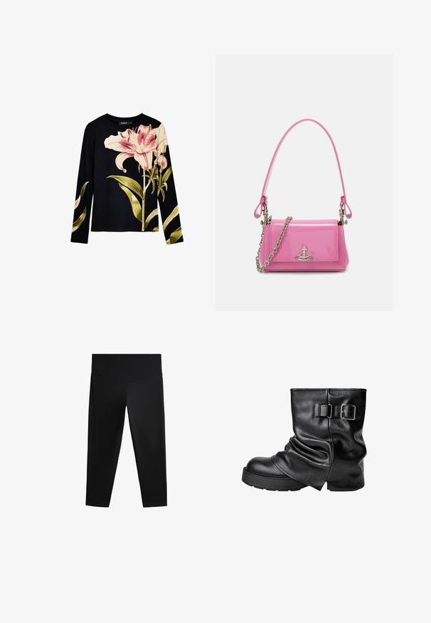 Čierny top s dlhými rukávmi a rebrovanou textúrou, s veľkými ružovými ľaliami a zelenými listami vytlačenými na prednej strane. Ľahký materiál.; Čierne športové legíny s vysokým pásom, hladkým materiálom a priliehavým strihom, navrhnuté pre pohodlný pohyb a komfort.; Čierne kožené členkové čižmy s uvoľneným dizajnom, štvorcovou špičkou a bočným prackovým detailom. Hrubá podšívka poskytuje dodatočnú výšku a stabilitu.; Ružový lesklý kožený kabelka s obdĺžnikovým tvarom, odnímateľným reťazovým popruhom a striebornými kovovými detailmi na prednej strane.