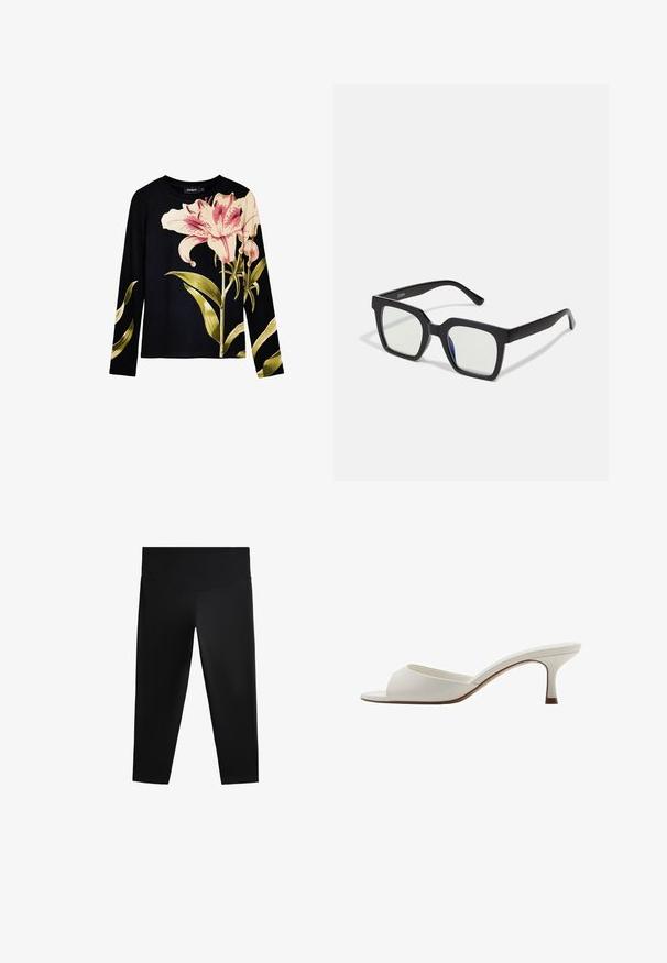 Sort langærmet top med ribbet tekstur, der har store pink liljer og grønne blade trykt på forsiden. Letvægts stof.; Sorte atletiske leggings med høj talje, glat stof og tætsiddende silhuet, designet til nem bevægelse og komfort.; Hvide åbne højhælede mules med en glat finish, minimalistisk design og en slank hæl, der har en subtil brun accent på sålen.; Sorte firkantede solbriller med mat finish, udstyret med transparente linser og en svag blå nuance på den ene side. Robust, vinkelret design.; Sort læderhåndtaske med et buet design, prydet med sølvfarvede nitter, en spænde og to sidelommer. Justerbar rem til forskellige bære muligheder.