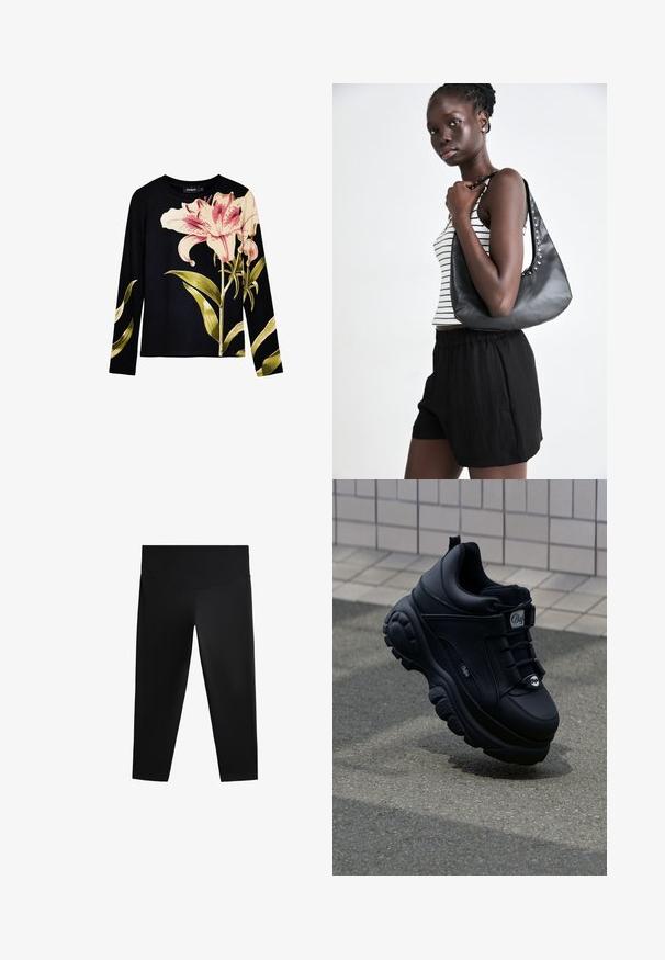 Schwarzes Langarmoberteil mit gerippter Textur, auf dessen Vorderseite große pinkfarbene Lilien und grüne Blätter gedruckt sind. Leichtes Material.; Schwarze Sportleggings mit hohem Taillenbund, glattem Material und figurbetontem Schnitt, designed für Bewegungsfreiheit und Komfort.; Schwarze klobige Sneakers mit einer glatten Lederoberfläche, Schnürung an der Vorderseite, gepolstertem Sohlen und geprägtem Logo an der Seite. Texturierte Außensohle sichtbar.; Schwarze Lederhandtasche mit gebogener Form, versehen mit silbernen Nieten entlang der Naht. Das Modell trägt ein gestreiftes Tanktop und schwarze Shorts.