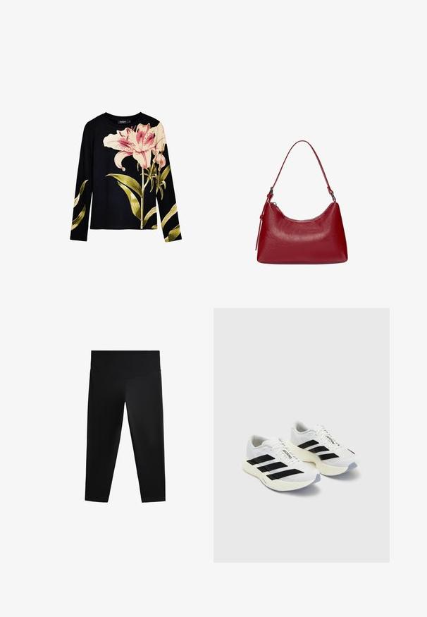 Top nero a maniche lunghe con trama a costine, caratterizzato da grandi gigli rosa e foglie verdi stampate sul davanti. Tessuto leggero.; Leggings sportivi neri con vita alta, tessuto morbido e silhouette aderente, progettati per facilitare il movimento e il comfort.; Scarpe sportive bianche con strisce e marchio neri, dotate di tomaia in rete, punta arrotondata e suola spessa di color crema per un'ammortizzazione ottimale.; Borsa a spalla in pelle rossa con un design curvo, texture liscia e chiusura con zip. Presenta un manico sottile per il trasporto.