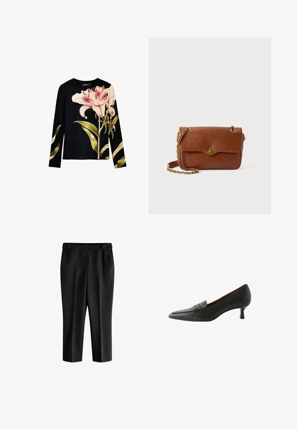 Czarny top z długim rękawem o prążkowanej fakturze, z dużymi różowymi liliami i zielonymi liśćmi nadrukowanymi z przodu. Lekki materiał.; Czarne, krótkie spodnie o luźnym kroju, z elastycznym pasem i dwoma przednimi kieszeniami. Tkanina ma gładką teksturę z lekko połyskującym wykończeniem.; Czarne skórzane buty na obcasie z wąskim noskiem i dekoracyjnym paskiem. Posiadają niski obcas szpilkowy i gładką fakturę.; Brązowa skórzana torba na ramię z klapą, złotymi elementami i łańcuszkowym paskiem. Gładka tekstura, prostokątny kształt, minimalne zdobienia.