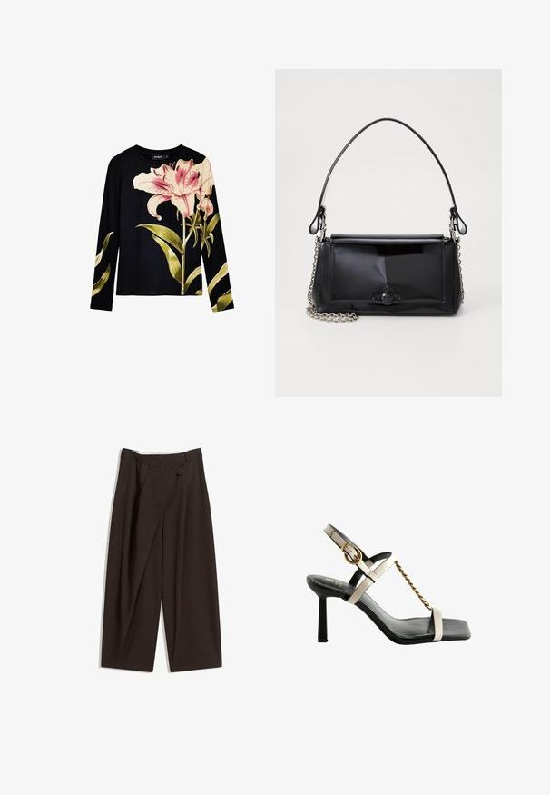 Top nero a maniche lunghe con trama a costine, caratterizzato da grandi gigli rosa e foglie verdi stampate sul davanti. Tessuto leggero.; Pantaloni a gamba larga marrone scuro con vita alta, dotati di una chiusura con bottone singolo e una parte anteriore plissettata. Realizzati in tessuto leggero.; Sandalo con tacco alto e punta quadrata, suola in pelle nera, cinturini beige, dettaglio in catena dorata e fibbia regolabile alla caviglia.; Borsa a tracolla in vernice nera con forma rettangolare, tracolla a catena e un distintivo accessorio in metallo al centro. Texture liscia.