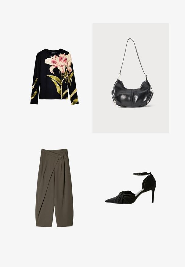 Zwarte top met lange mouwen en een geribbelde textuur, met grote roze lelies en groene bladeren die op de voorkant zijn gedrukt. Lichtgewicht stof.; Ruime broek in donkergroen stof, met een geplooide voorkant, een knoopsluiting en een gepolijste, gestructureerde afwerking.; Zwarte suède hoge hakken met een spitse neus, knoopdetail aan de voorkant en enkelbandje. Beschikt over een slanke stilettohak en een strak ontwerp.; Zwarte leren schoudertas in de vorm van een halve maan met zilveren ritsen aan beide kanten en een enkele strap.