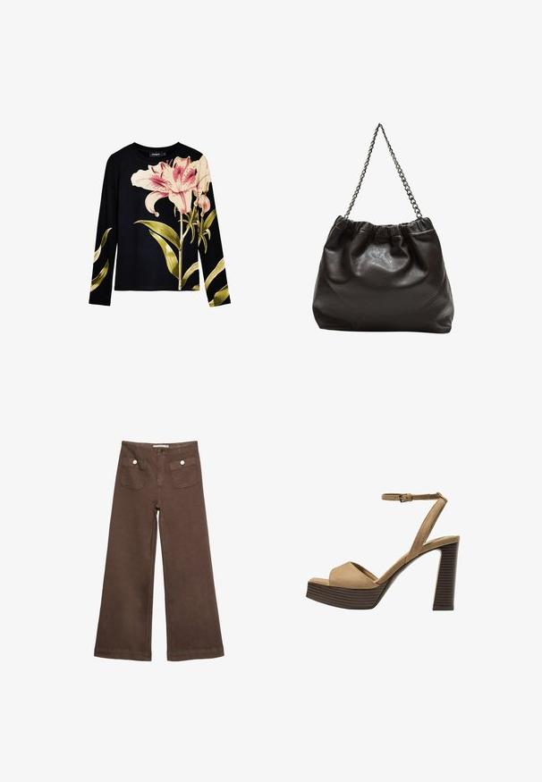 Czarny top z długim rękawem o prążkowanej fakturze, z dużymi różowymi liliami i zielonymi liśćmi nadrukowanymi z przodu. Lekki materiał.; Czerwone spodnie typu wide-leg wykonane z bawełny, z dwoma przednimi kieszeniami zapinanymi na srebrne guziki oraz gładką fakturą.; Beżowe zamszowe sandały na wysokim obcasie z szerokim paskiem z przodu i paskiem za kostkę, z masywnym drewnianym obcasem o teksturowanym wykończeniu.; Brązowa skórzana torba z marszczonym szczytem i łańcuszkowym paskiem. Gładka tekstura z błyszczącym wykończeniem i subtelnymi detalami szwów po bokach.