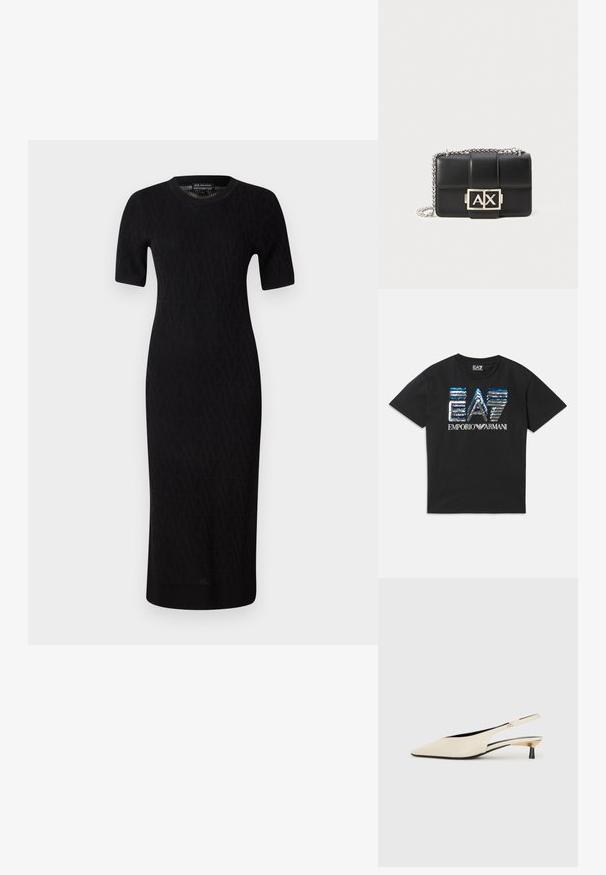 T-shirt preta de manga curta com o logótipo "EA7" em lantejoulas azuis e prateadas e o texto "Emporio Armani" em branco na frente.; Vestido midi preto de malha com mangas curtas, apresentando um padrão geométrico e um decote redondo. Textura suave e silhueta ajustada.; Sapatos de salto slingback em couro patente bege com bico fino, um salto preto esbelto e detalhes em ouro metálico nas laterais.; Pasta de couro preto com design acolchoado, alça de corrente prateada e um proeminente logótipo prateado "AX" na frente. Forma retangular compacta.