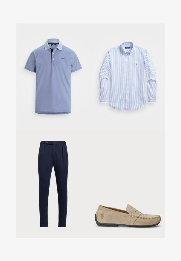 Camisa polo de manga curta azul claro com padrão geométrico sutil, dois botões brancos e um pequeno logotipo retangular no lado esquerdo do peito.; Camisa abotoada listrada em azul claro e branco, com colarinho clássico, mangas longas e um pequeno logotipo bordado no peito.; Calças ajustadas azul-marinho com frente lisa, duas pregas frontais e fecho de botão único, apresentando um tecido liso e texturizado.; Mocassins de camurça beiges com um detalhe costurado, sola de borracha plana e um pequeno logotipo de lado. Design clássico de calçar, textura suave.