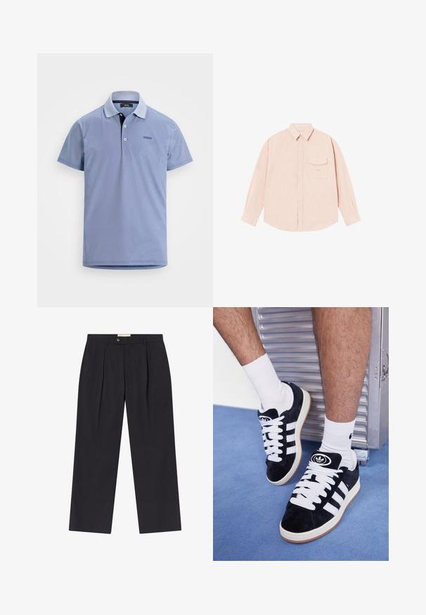 Svetlomodrá polokošeľa s krátkym rukávom s jemným geometrickým vzorom, dvoma bielymi gombíkmi a malým obdĺžnikovým logom na ľavej hrudi.; Svetloružová košeľa s dlhým rukávom vyrobená z mäkkej látky, s golierom na gombíky, prednou vreckom a jemne vyšitým logom na hrudi.; Prispôsobené tmavomodré nohavice s vysokým pásom, dvoma prednými záhybmi, gombíkovým zapínaním a rovnými nohavicami z hladkej látky.; Čierne semišové tenisky s bielymi šnúrkami a tromi bielymi pruhmi. Obsahujú kruhové čierne logo na jazyku a gumovú podrážku.