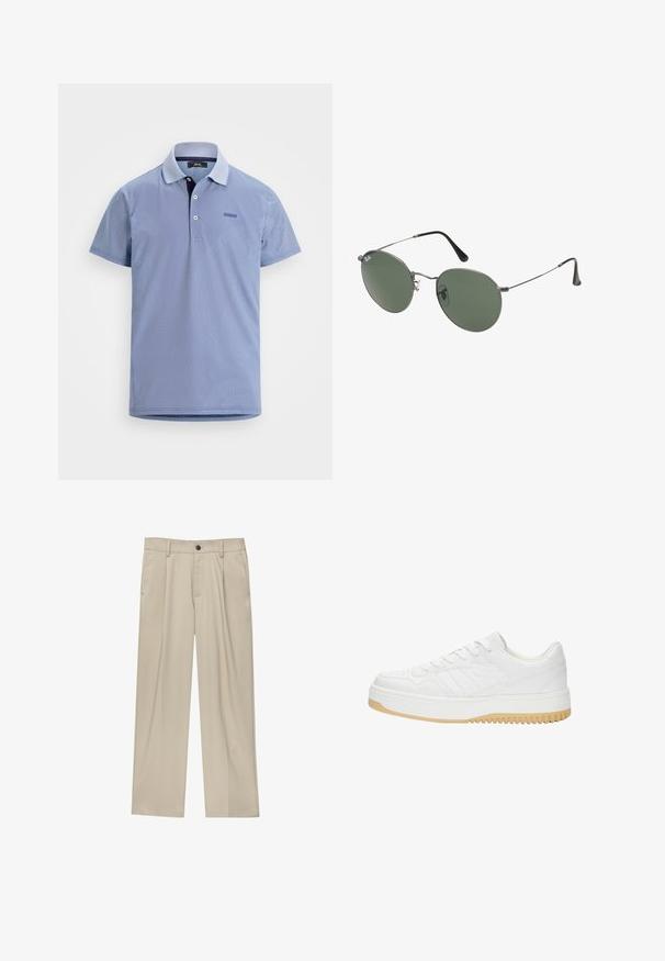Svetlomodrá polokošeľa s krátkym rukávom s jemným geometrickým vzorom, dvoma bielymi gombíkmi a malým obdĺžnikovým logom na ľavej hrudi.; Béžové nohavice s rovný strihom, s jedným čiernym gombíkom, pútkami na opasok a bočnými vreckami. Hladká textúra látky a minimálny dizajn.; Biele kožené tenisky s textúrovaným povrchom, s gumovou podrážkou, šnurovacími detailami a subtilnými pruhmi na stranách.; Sunglass s metalovým rámom s oválnymi zelenými šošovkami. Tenký strieborný kovový rám a čierne štuple za uši. Minimalistický dizajn, bez viditeľných log.