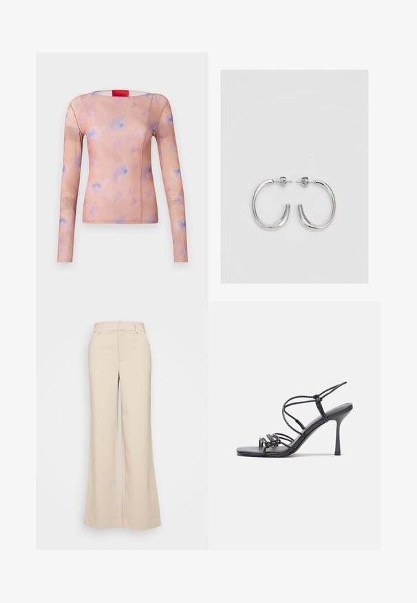 Długi rękaw top w jasnym brzoskwiniowym kolorze z abstrakcyjnymi wzorami w pastelowym niebieskim i różowym. Gładki materiał z zaokrąglonym dekoltem i detalami w szwie bocznym.; Beżowe spodnie szerokie z gładką strukturą, z wysokim stanem i dwoma przednimi kieszeniami. Czysty design o dopasowanym kroju.; Czarne sandały na wysokim obcasie mają cienkie paski z węzłowym wzorem, gładki, kwadratowy czubek i smukły obcas w stylu szpilki.; Srebrne kolczyki na biglu o gładkim, błyszczącym wykończeniu. O zaokrąglonym kształcie, lekkim designie, z zamknięciem na zatrzask.